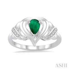 6x4 MM Pear Shape Emerald and 1/50 Ctw Round Cut Diamond Ring in Sterling Silver