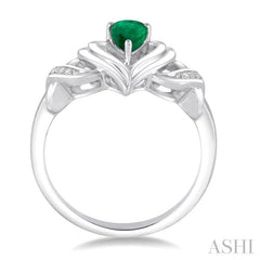 6x4 MM Pear Shape Emerald and 1/50 Ctw Round Cut Diamond Ring in Sterling Silver
