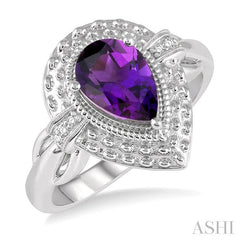 9x6 MM Pear Shape Amethyst and 1/50 Ctw Round Cut Diamond Semi-Precious Ring in Sterling Silver