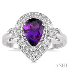 9x6 MM Pear Shape Amethyst and 1/50 Ctw Round Cut Diamond Semi-Precious Ring in Sterling Silver