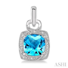 8x8 MM Cushion Shape Blue Topaz and 1/20 Ctw Round Cut Diamond Semi-Precious Earring in Sterling Silver