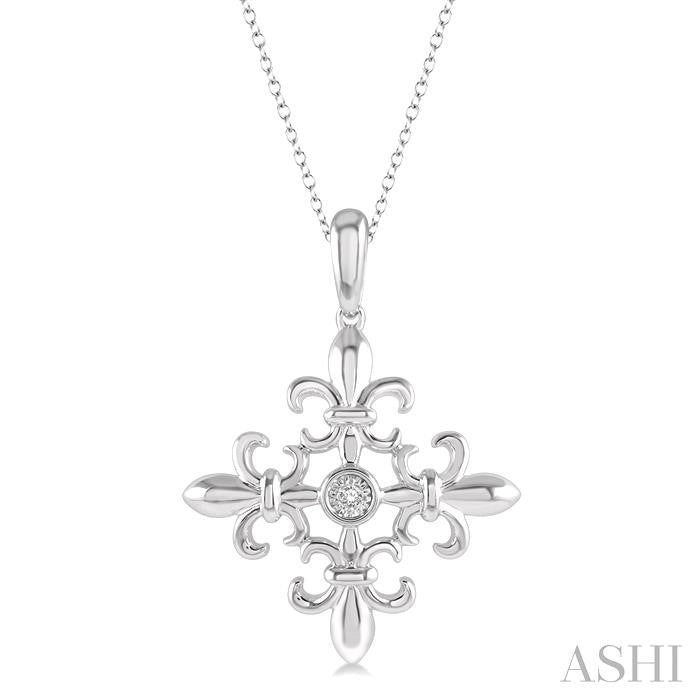 1/50 Ctw Fleur De Lis Round Cut Diamond Pendant With Chain in Sterling Silver