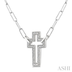 1/10 Ctw Round Cut Diamond Cross Pendant With Paperclip Chain in Sterling Silver