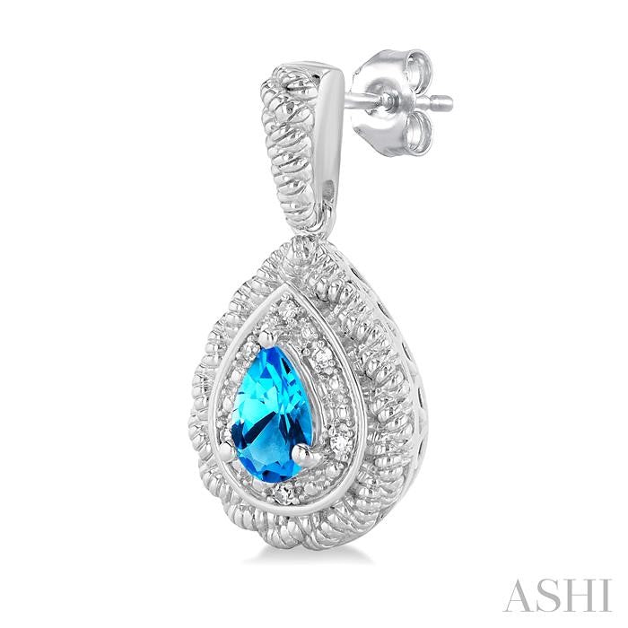 6X4 MM Pear Cut Blue Topaz and 1/20 Ctw Round Cut Diamond Semi-Precious Earring in Sterling Silver
