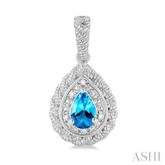 6X4 MM Pear Cut Blue Topaz and 1/20 Ctw Round Cut Diamond Semi-Precious Earring in Sterling Silver
