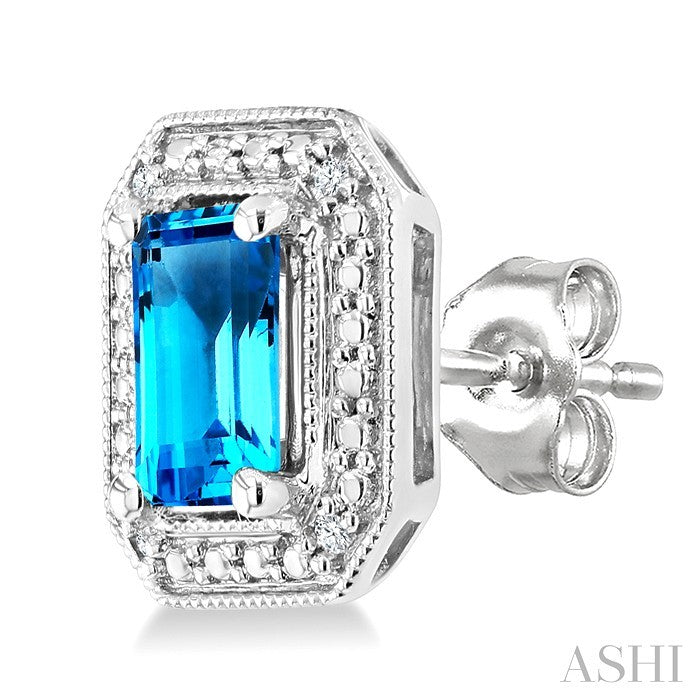 6X4 MM Octagon Shape Blue Topaz and 1/50 Ctw Round Cut Diamond Semi-Precious Earrings in Sterling Silver