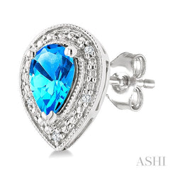 6X4 MM Pear Shape Blue Topaz and 1/50 Ctw Round Cut Diamond Semi-Precious Earrings in Sterling Silver