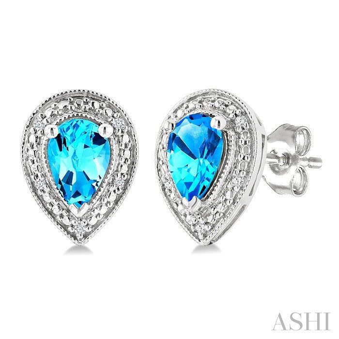6X4 MM Pear Shape Blue Topaz and 1/50 Ctw Round Cut Diamond Semi-Precious Earrings in Sterling Silver