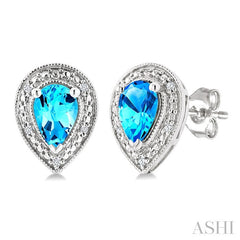 6X4 MM Pear Shape Blue Topaz and 1/50 Ctw Round Cut Diamond Semi-Precious Earrings in Sterling Silver