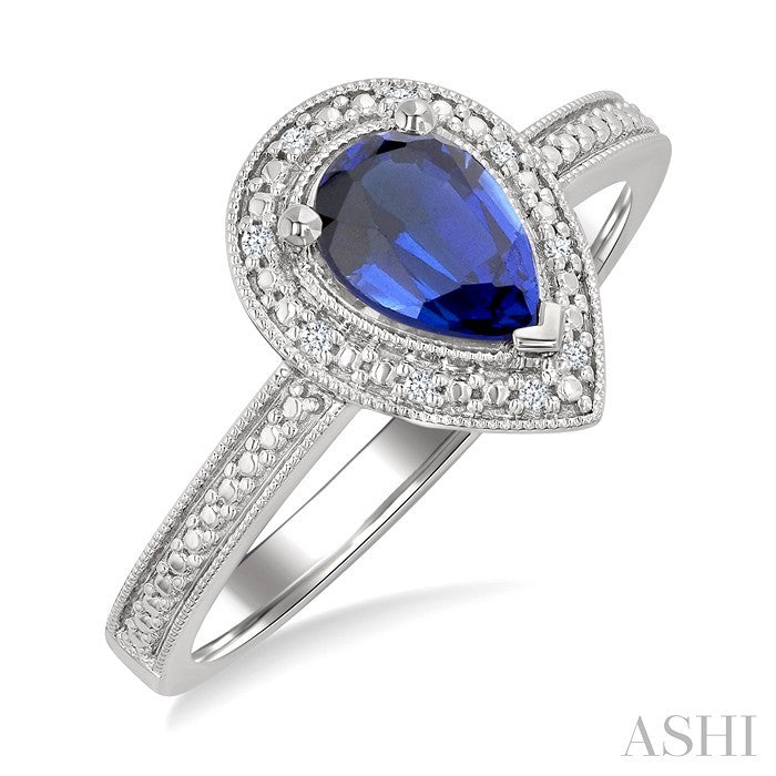 7X5 MM Pear Shape Lab-Created Sapphire and 1/50 Ctw Round Cut Diamond Precious Ring in Sterling Silver 
