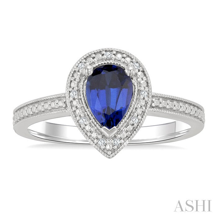 7X5 MM Pear Shape Lab-Created Sapphire and 1/50 Ctw Round Cut Diamond Precious Ring in Sterling Silver 
