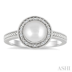 7MM Cultured Pearl and 1/50 Ctw Round Cut Diamond Halo Ring in Sterling Silver