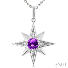 5 MM Round Cut Amethyst and 1/20 Ctw Round Cut Diamond Semi-Precious Fashion Pendant With Chain in Sterling Silver