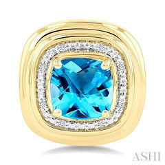 6 MM Cushion Shape Blue Topaz and 1/20 Ctw Round Cut Diamond Semi-Precious Earrings in Yellow Gold Vermeil