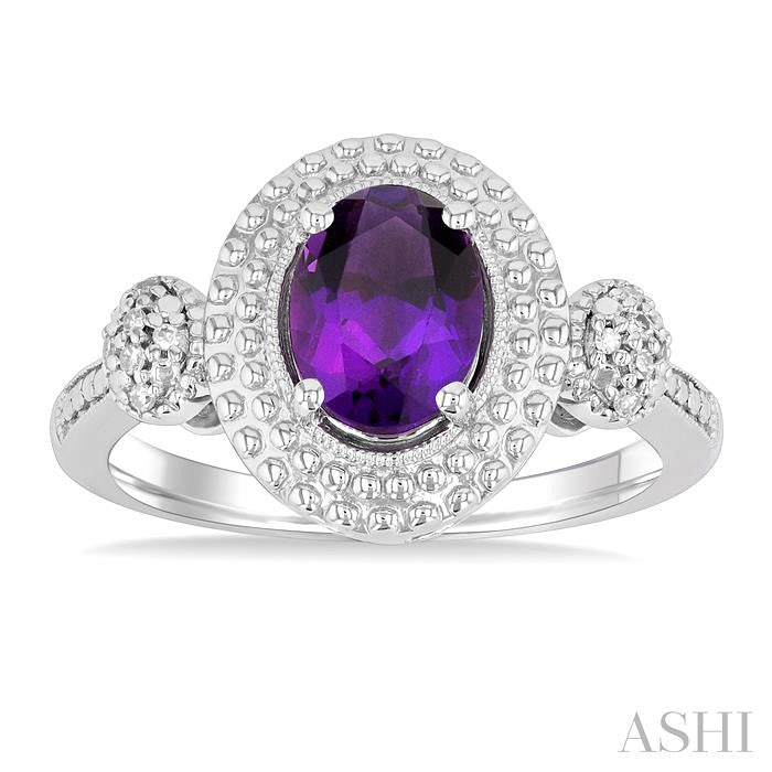 1/20 Ctw Oval Cut 8X6 MM Amethyst and Round Cut Diamond Semi-Precious Ring in Sterling Silver