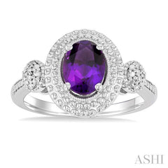 1/20 Ctw Oval Cut 8X6 MM Amethyst and Round Cut Diamond Semi-Precious Ring in Sterling Silver
