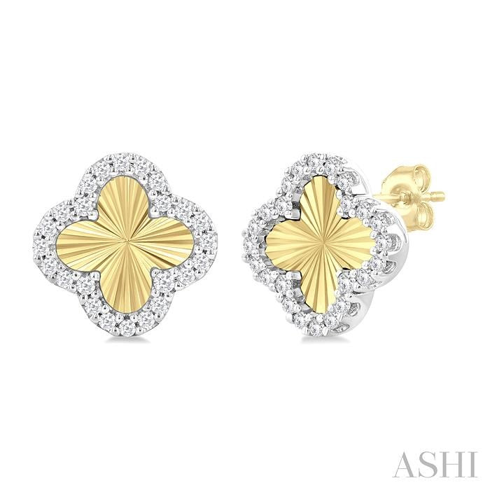 1/5 Ctw Fluted Texture 4-Leaf Clover Round Cut Diamond Fashion Stud Earring in 10K Yellow and White Gold