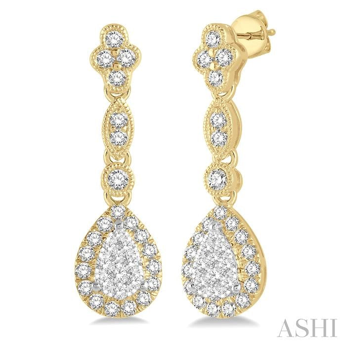 5/8 Ctw Pear Shape Halo Lovebright Round Cut Diamond Earrings in 14K Yellow and White Gold