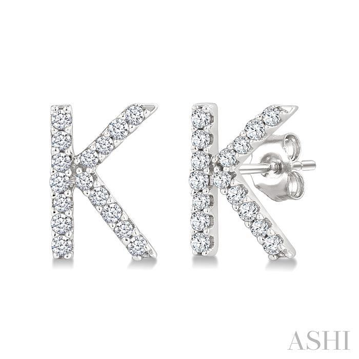 1/10 Ctw Initial 'K' Round Cut Diamond Earrings in 10K White Gold