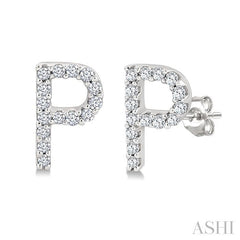 1/10 Ctw Initial 'P' Round Cut Diamond Earrings in 10K White Gold