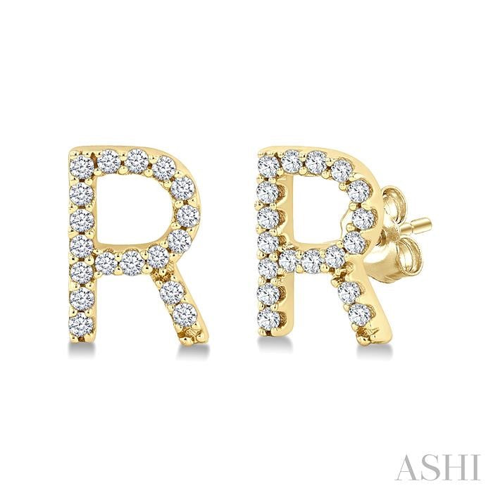 1/10 Ctw Initial 'R' Round Cut Diamond Earrings in 10K Yellow Gold