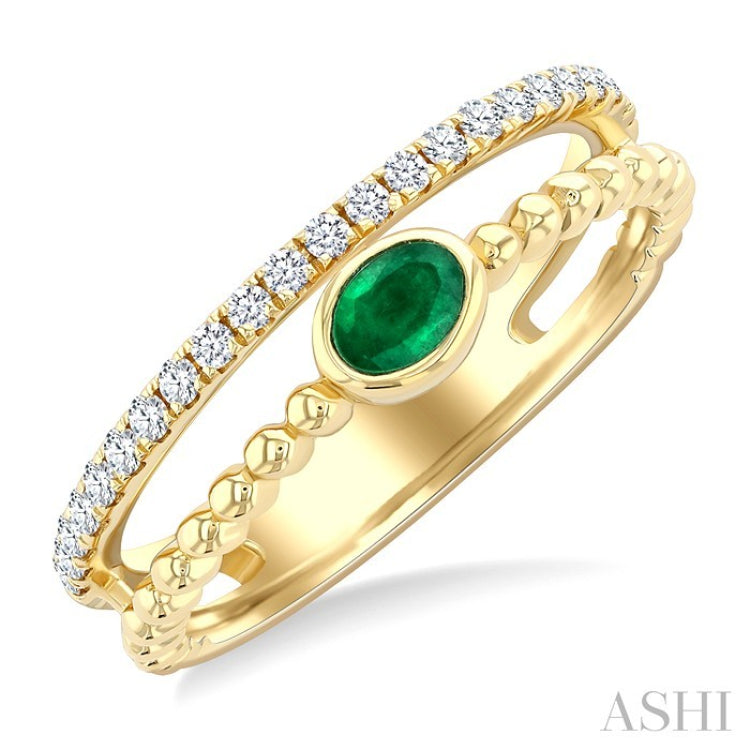4x3 MM Oval Shape Emerald and 1/5 Ctw Round Cut Diamonds Precious Fashion Split Twin Ring in 10K Yellow Gold