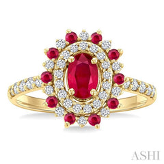 6X4 MM Oval Shape & 1.5 MM Round Cut Ruby and 3/8 Ctw Round Cut Diamond Floral Precious Ring in 14K Yellow Gold