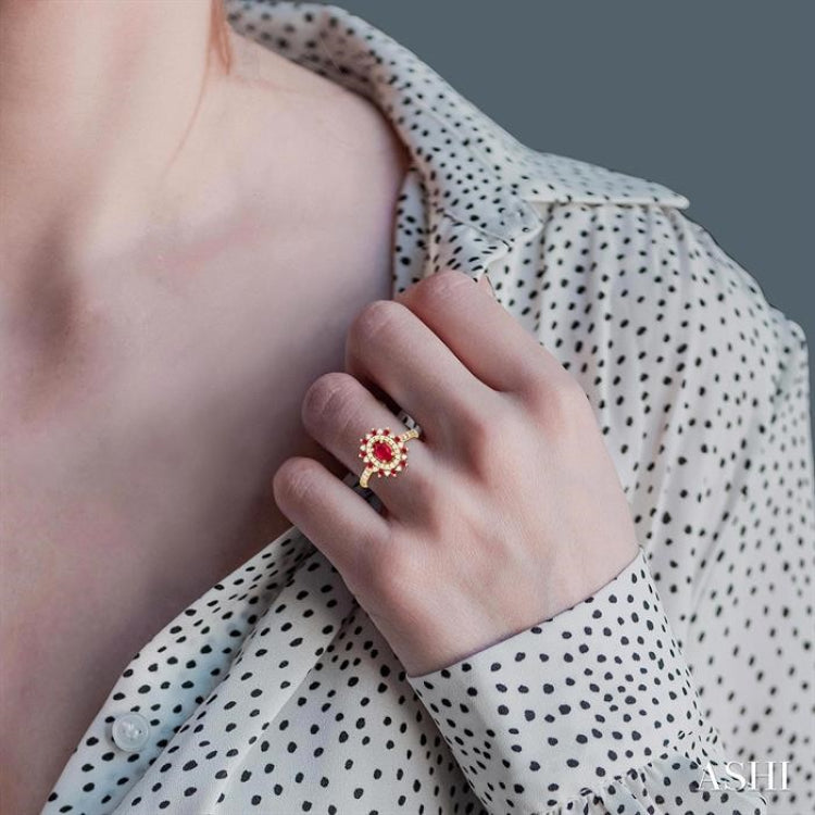 6X4 MM Oval Shape & 1.5 MM Round Cut Ruby and 3/8 Ctw Round Cut Diamond Floral Precious Ring in 14K Yellow Gold