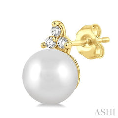 5.5 MM Round Shape Cultured Pearls and 1/20 Ctw Petite Round Cut Diamond Fashion Stud Earring in 10K Yellow Gold
