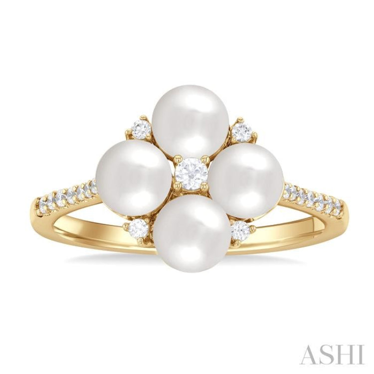 5x5 MM Round Shape Floral Cultured Pearls and 1/6 Ctw Round Cut Diamond Fashion Ring in 10K Yellow Gold