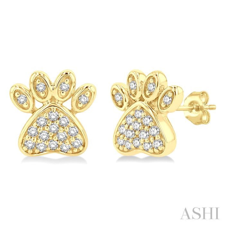 1/8 Ctw Petite Dog Paw Round Cut Diamond Fashion Stud Earring in 10K Yellow Gold