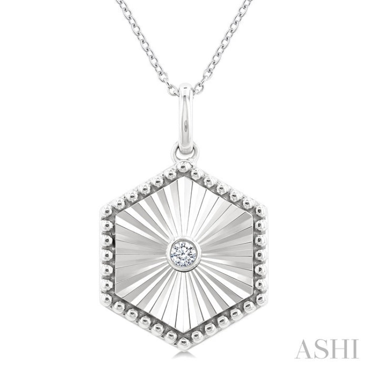 1/20 Ctw Hexagon fluted medallion Round Cut Diamond Pendant With Chain in Sterling Silver