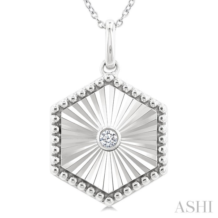 1/20 Ctw Hexagon fluted medallion Round Cut Diamond Pendant With Chain in Sterling Silver