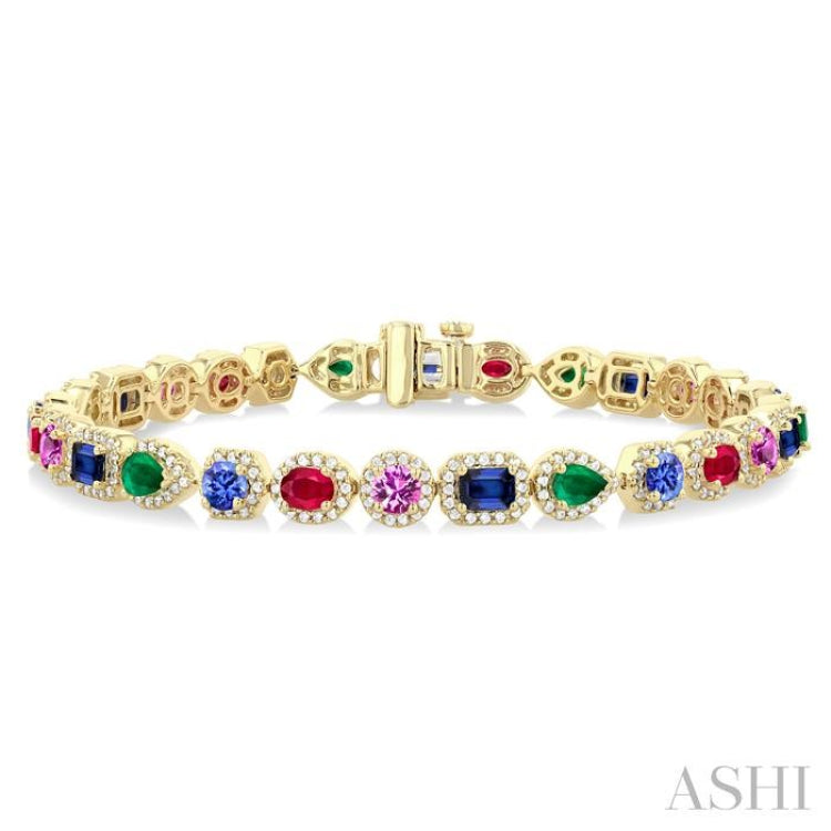 4X3 MM & 3.5 MM Mixed Shape Gemstone and 1 1/3 Ctw Round Cut Halo Diamond Bracelet in 14K Yellow Gold