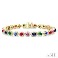 4X3 MM & 3.5 MM Mixed Shape Gemstone and 1 1/3 Ctw Round Cut Halo Diamond Bracelet in 14K Yellow Gold