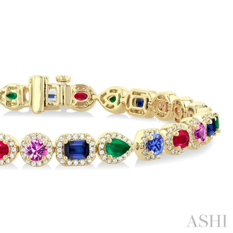 4X3 MM & 3.5 MM Mixed Shape Gemstone and 1 1/3 Ctw Round Cut Halo Diamond Bracelet in 14K Yellow Gold