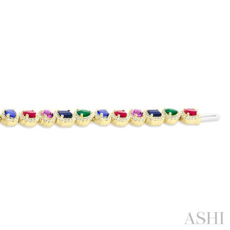 4X3 MM & 3.5 MM Mixed Shape Gemstone and 1 1/3 Ctw Round Cut Halo Diamond Bracelet in 14K Yellow Gold
