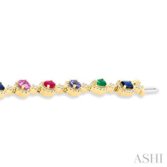 4X3 MM & 3.5 MM Mixed Shape Gemstone Rainbow and 1 Ctw Round Cut Diamond Halo Precious Tennis Bracelet in 14K Yellow Gold