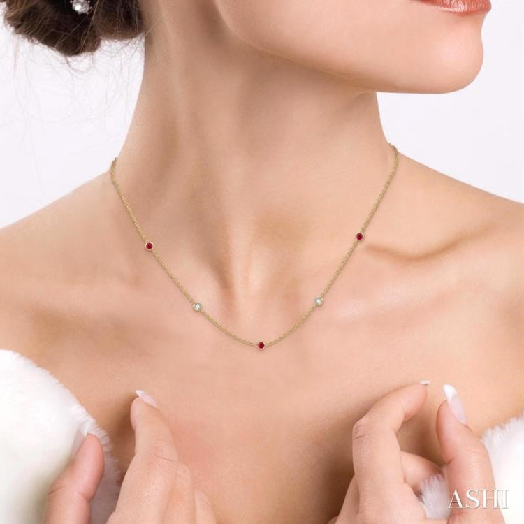 2.6 MM Ruby and 3/8 Ctw Round Cut Diamond Precious Station Necklace in 14K Yellow Gold