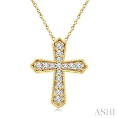 1/6 Ctw Round Cut Diamond Cross Petite Fashion Pendant With Chain in 10K Yellow Gold