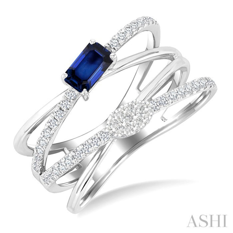 5x3 MM Emerald Shape Sapphire and 1/4 Ctw Round Cut Diamond Double Criss Cross Lovebright Precious Ring in 10K White Gold