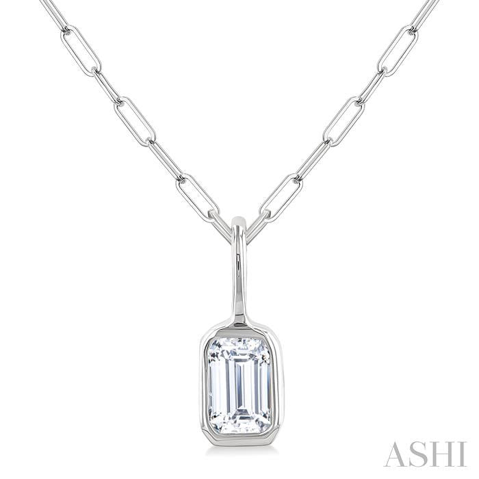 1/5 Ctw Emerald Cut Bezel Set Diamond Fashion Pendant With Paperclip Chain in 10K White Gold