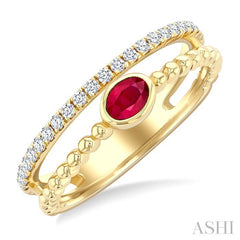 4x3 MM Oval Shape Ruby and 1/5 Ctw Round Cut Diamonds Precious Fashion Split Twin Ring in 10K Yellow Gold