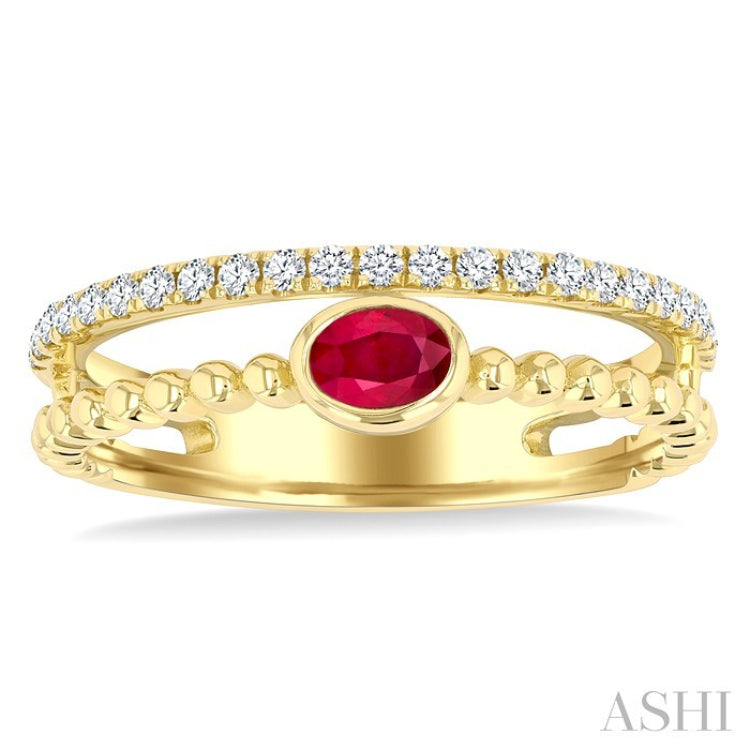 4x3 MM Oval Shape Ruby and 1/5 Ctw Round Cut Diamonds Precious Fashion Split Twin Ring in 10K Yellow Gold
