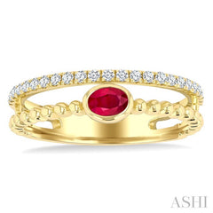 4x3 MM Oval Shape Ruby and 1/5 Ctw Round Cut Diamonds Precious Fashion Split Twin Ring in 10K Yellow Gold