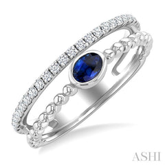 4x3 MM Oval Shape Sapphire and 1/5 Ctw Round Cut Diamonds Precious Fashion Split Twin Ring in 10K White Gold