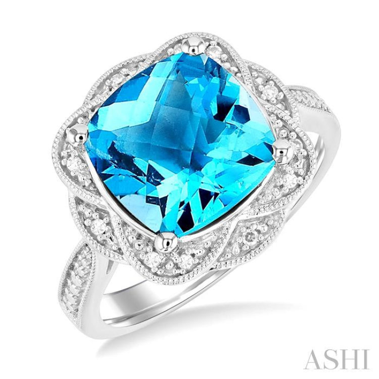 10X10 MM Cushion Shape Blue Topaz and 1/20 Ctw Round Cut Diamond Semi-Precious Ring in Sterling Silver