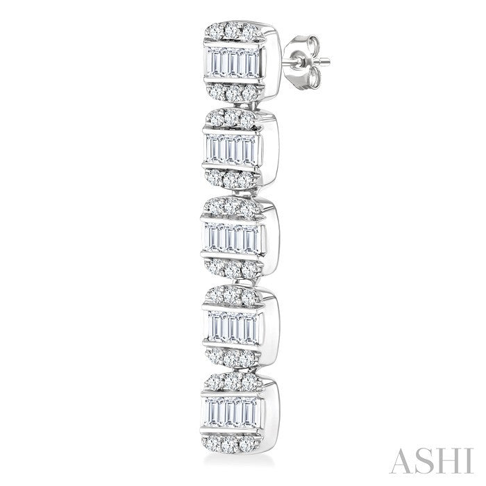 1/2 Ctw Fusion Baguette and Round Cut Diamond Long Fashion Earrings in 14K White Gold