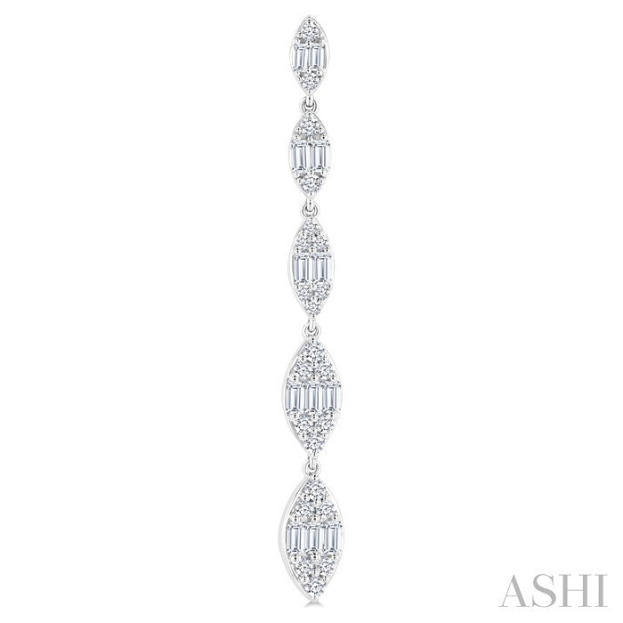 1 1/2 Ctw Marquise Shape Fusion Baguette and Round Cut Diamond Fashion Long Earring in 14K White Gold
