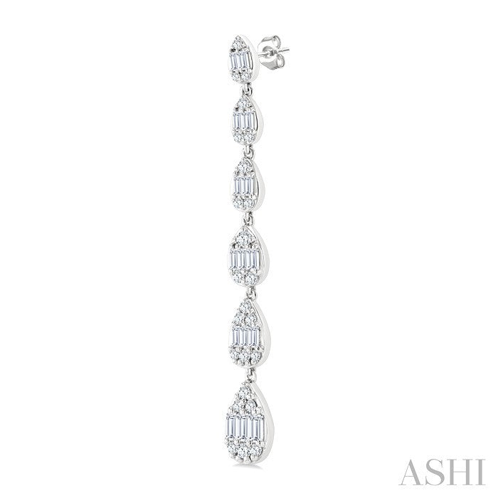 1 1/2 Ctw Pear Shape Fusion Baguette and Round Cut Diamond Fashion Long Earring in 14K White Gold